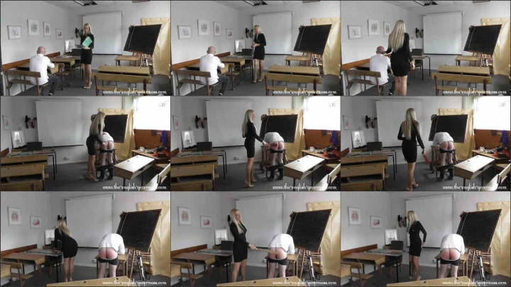 Screenshot 1 aus Governess Kenworthy in the School Room With a Strap Femdom Spanking Video