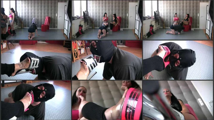 Screenshot 1 aus Foot Slave Training, Licking Sportgirls Heels with Jenna Dee and Lady Chantal