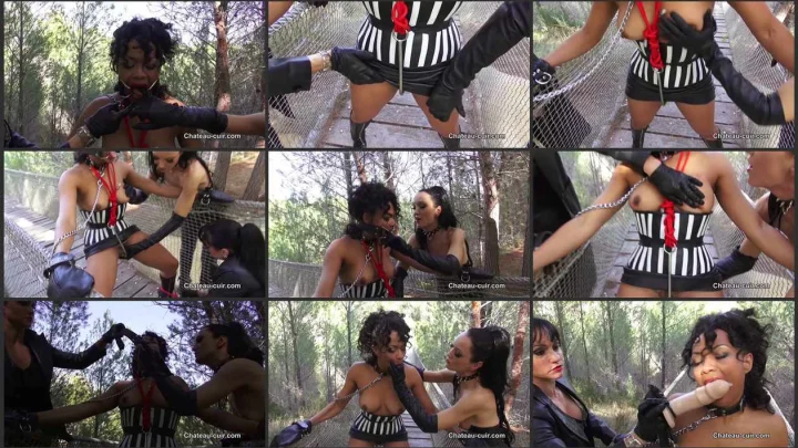Screenshot 1 aus Double Lesbian Domination, Leather Slave Girl Fucked Outdoors with Dunia Montenegro, Miss Miranda and Fetish Liza part 1