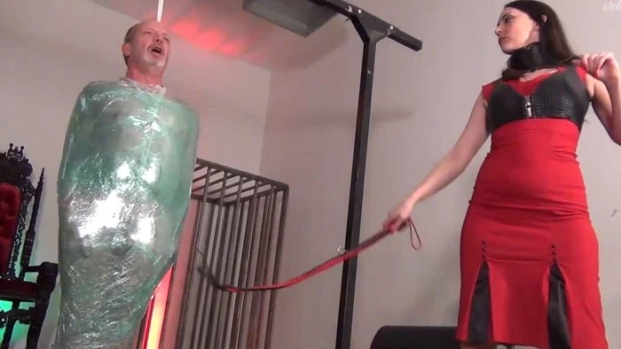 Completely helpless slave, cling wrap punishment